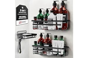 WILFORD & SONS W&S Etagere Salle de Bain Lot de 3 sans Percage - Rangement Salle de Bain en Acier Inoxydable | 2 Étagères de Salle de Bain + 1 Porte-Savon | Etagere Douche, Murale sans Percage, Accessoire - Noir