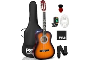 Pyle Gitarre Kinder ab 8 Jahre – Guitar Acoustic with Strings, Anfänger Gitarre 3/4, Konzertgitarre, Klassische Gitarre für Anfänger & Fortgeschrittene, mit Stimmgerät und Set, Handgemacht aus Holz
