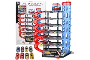 CELMAN Zestaw do zabawy dla dzieci – wielopoziomowy parking z ręcznie obsługiwaną windą, w zestawie 8 metalowych samochodów, helikopterów i akcesoriów, zabawka dla dzieci od 3, 4, 5, 6, 7, 8 lat