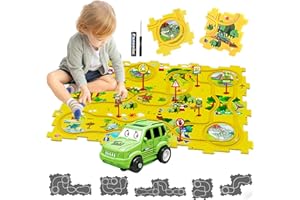 DUOLEEY Auto Spielzeug Autorennbahn Spielzeugauto 12pcs DIY-Puzzlebahn für Kinderspielzeug DIY-Route Cars Spielzeug Geschenkspiele für Kinder Spielzeug ab 2 3 4 5 6 Jahren (Dinosaurier)