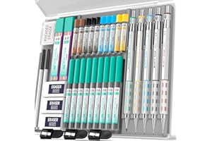 Nicpro Blocky Gear 5 piezas portaminas con estuche, portaminas de metal con minas de 0.3, 0.5, 0.7, 0.9, 2mm y 21 tubos (6B 4B 2B HB 2H 4H colores) recambios de minas