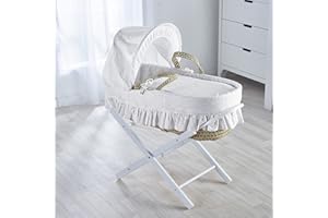 Kinder Valley Baby Moses Basket with White Folding Stand - Broderie Anglaise White Palm Moses Basket Includes Adjustable Hood, Fibre Mattress & Padded Liner | (Gift for Newborn Baby Girls & Boys)