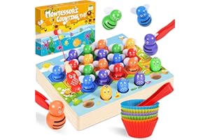 Ophy Jeux Montessori 3+ Les Abeilles Comptage et Tri Jouets éducatifs avec gobelets 3en 1 Compter Les Jouets mathématiques Apprendre Les Couleurs Motricité Fine Jouets en Bois Jeu de Peche