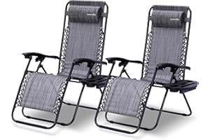 SereneLife Zero Gravity Lounge Chair - Set of 2 Adjustable Recliners with Removable Padded Headrest Pillows, Cup Holders, Breathable Mesh Fabric, Lightweight and Foldable, Gray
