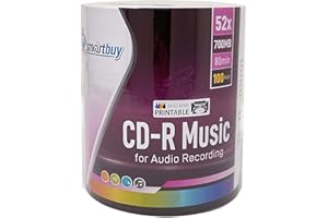 Smartbuy 100 Pack Digital Audio CD-R Music 52X 700MB/80Min White Inkjet Hub Printable Blank Recordable Disc