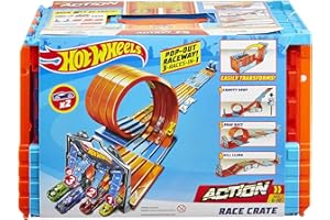 Hot Wheels Bahn Track Builder, Rennkiste (3 Stunts in 1 Set) zum Bauen von Autorennbahnen für Hot Wheels Autos, inkl. 2 Spielzeugautos, Auto Spielzeug, Spielzeug ab 6 Jahre, GKT87