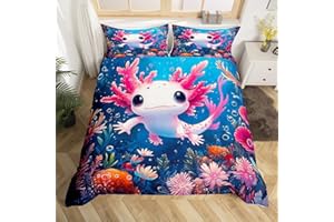 Homewish Cartoon Axolotl Tröster Abdeckung Netter Ozean Axolotl 135x200 Bettwäsche Set für Mädchen Kinder Jungen,Rosa Kawaii Tier Bettbezug Unterwasser Welt Korallenriff Bettbezug
