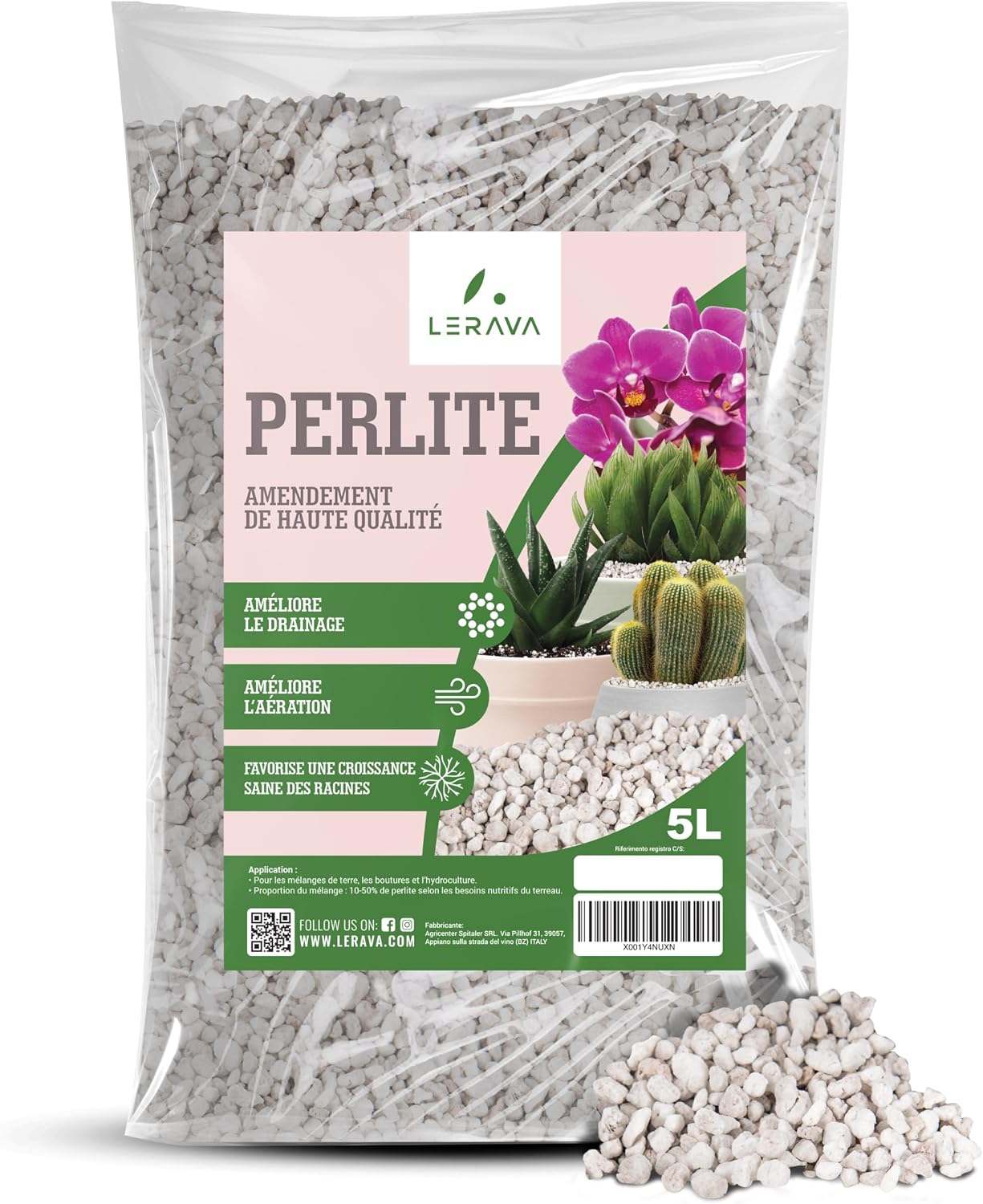 LERAVA Perlite pour Plante (5 L) - Naturelle et écologique - Améliore le drainage du terreau intérieur - Aération optimale avec billes d'argile - Pour jardin balcon et intérieur