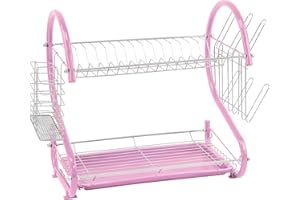 SQ PROFESSIONAL Durane Dish Drainer | 2 Tier Aluminium dish drying rack | Dish Drainer with Detachable Plastic drip tray |Utensil and Cup Holder |Dish rack for Kitchen Countertop (Pink)