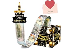 MISTEP Birthday Money Box Cash Gift Pull with DIY Stickers for Any Age, Surprise Money Gift Box with Pull out Happy Birthday Card and 50Pcs Transparent Bags, Money Gift Box for Cash Boy Men Old