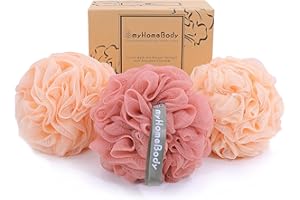‎MYHOMEBODY myHomeBody Großer 70g Luffaschwamm, Body Scrubber, Badeschwamm | Sanfter Peeling Schwamm - Körperreinigungs- und Duschschwamm mit Aktivkohle - 2 Peach +1 Coral Red, 3er Pack
