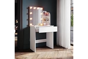 SONNI Toaletka, toaletka z lustrem, oświetlenie LED, szuflady, 3 otwarte półki, 3 tryby świecenia, 10 poziomów jasności, toaletka, stolik do makijażu, do sypialni, biała, 70 x 40 x 140 cm.