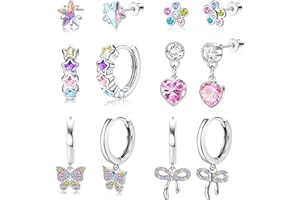 Morfetto 6 Paia di Orecchini per Ragazze in Argento, Set di Orecchini a Vite in Acciaio Inossidabile Anallergici, Carini a Cuore, Farfalla, Huggie Hoop, Orecchini con Vite e Pendenti per Bambini