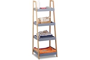 Relaxdays 10022215 Étagère Salle de Bain Bambou 4 Niveaux Meuble sur Pieds Bibliothèque Bois Rangement Cuisine 98x36x345,5 cm, Gris-Nature, HLP 98 x 36 x 34