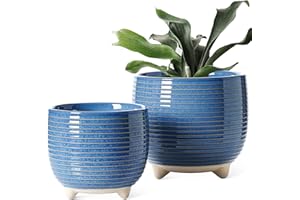 LE TAUCI Pot de Fleurs en Céramique, Pots sur Pieds 13+16 cm pour Plantes, Moderne pour la Maison et Le Bureau, Pot d’Intérieur avec Trou de Drainage, Bleu à Émail Réactif
