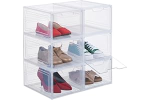 Relaxdays Plastikowe pudełka na buty do nr 50, stojak na buty z 6 pudełkami do układania w stosy, organizer na buty, przezroczyste, 18 x 25 x 34 cm