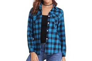 Aottori Damska bawełniana koszula w kratę bluzka z długim rękawem w kratę zapinana na guziki koszule flanelowe klasyczne koszule codzienne, niebieski, L