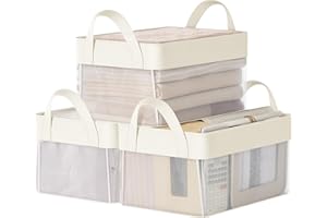 SONGMICS Storage Bins Set of 3, Small Fabric Storage Baskets, Foldable Organiser with Transparent Nylon Mesh, 30 x 20 x 15 cm, Handles, for Bathroom, Kitchen, Cream White RFB915W01