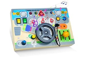 Aolawco Montessori Jouet sensoriel avec volant simulé et interrupteurs lumineux LED - Panneau de commutation en bois pour tout-petits