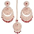 ZENEME Rose Gold Plated American Diamond Studded Maang Tikka & Earrings Jewellery Set For Woment and Girl