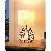 EDISHINE Industrial Table Lamp, Metal Cage Base, Beige &amp; Black | E14 Socket, Warm White 2700 K, Vintage Linen Lampshade, Blac