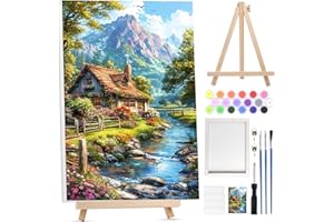 Bowetile Village Paint by Numbers for Adults with Framed Canvas&Wooden Easel, Painting by Numbers Kit for Adults Beginners Canvas Kit, DIY Acrylic Pigment Drawing Paintwork for Home Decor, 20x30cm