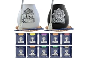 Yerba Maté double set complet 2x set de démarrage pour deux Yerba Mate Guarani 10x50g 2x calebasse en céramique 350ml 2x Bombilla en acier inox 2x Soucoupe Produit de Cebador (noir et blanc)