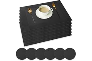 wiipara Placemats Set of 6, PVC Place Mats and Coasters Washable Non-Slip Heat Resistant Table Mats for Kitchen Dining Table Home Restaurant (6 Placemat + 6 Coaster, Black)