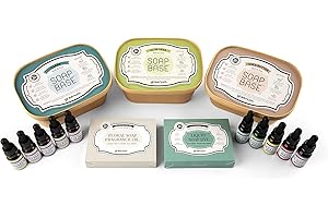 GREENUM GIFTS OF NATURE Set di saponi fai da te, set da 13 pezzi, con 3 base di sapone da 1 kg, 5 colori per sapone e 5 profumi di sapone, sapone grezzo, colori e fragranze per la produzione di sapone