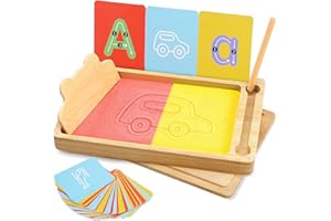 Pourbibi Sandtablet Montessori Spielzeug ab 3 4 Jahre Junge Mädchen,Frühes Training Buchstaben Lernen und Zeichen Sandspielzeug,Holzspielzeug Geburtstagsgeschenk für Kinder