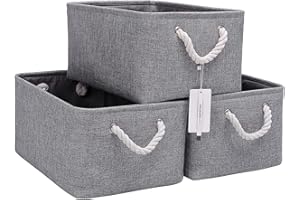 CREADARD Fabric Storage Basket Set of 3, Foldable Linen Storage Box for Nursery and Home, Collapsible Canvas Shelf Basket for Wardrobe or Bedroom, Grey