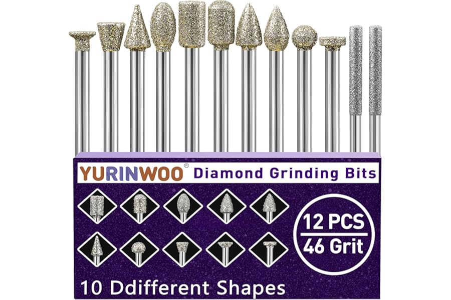 Diamond Grinding Bit Set 12Pcs, Grit 46 Stone Carving Set Compatible with Dremel, Diamond Burr Bits Rotary Tool Accessories 3mm Shank for Stone Glass and Ceramic Carving, Grinding, Polishing