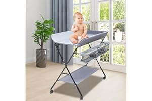 ROMYIX Baby Changing Table Foldable with Unit Storage Bags, Mobile Infant Newborn Diaper Care Station Table Massage Table with Wheels