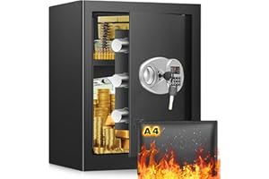 MEJASG Caja fuerte ignífuga de 42 litros, con bolsillo para documentos ignífugo, con cerradura de combinación y 2 llaves, caja fuerte para documentos, dinero en efectivo, joyas, pasaporte