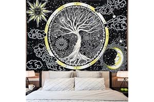 Betylifoy Psicodélico Luna y Sol Tapiz colgante pared Árbol de la Vida Mandala en Blanco y Negro Tapiz pared Arte Hippie Paño para Dormitorio Estética (sol, 130 x 150 cm)