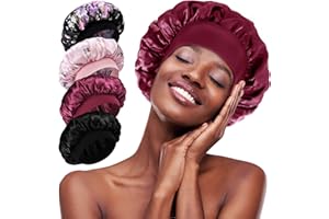 YAKASU Femmes Satin Sleeping Cap - Sleeping Cap Silk Elastic Wide Band Hat Night Sleep Headwear for Girls Sleep Hair Care (Noir + Rose + noir2 + Rouge)