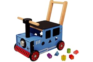 I M TOY Porteur en bois petit train bleu