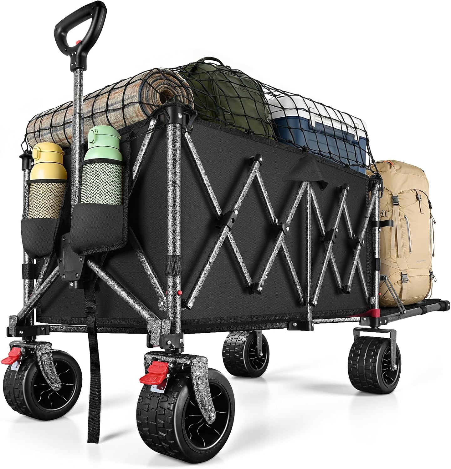 YEAUPE PRO Carro Plegable Todo Terreno – Frenos Dobles, Ruedas Anchas, Estructura Reforzada, Mango Ajustable – Ideal para Playa y Camping – 200-300L, Negro