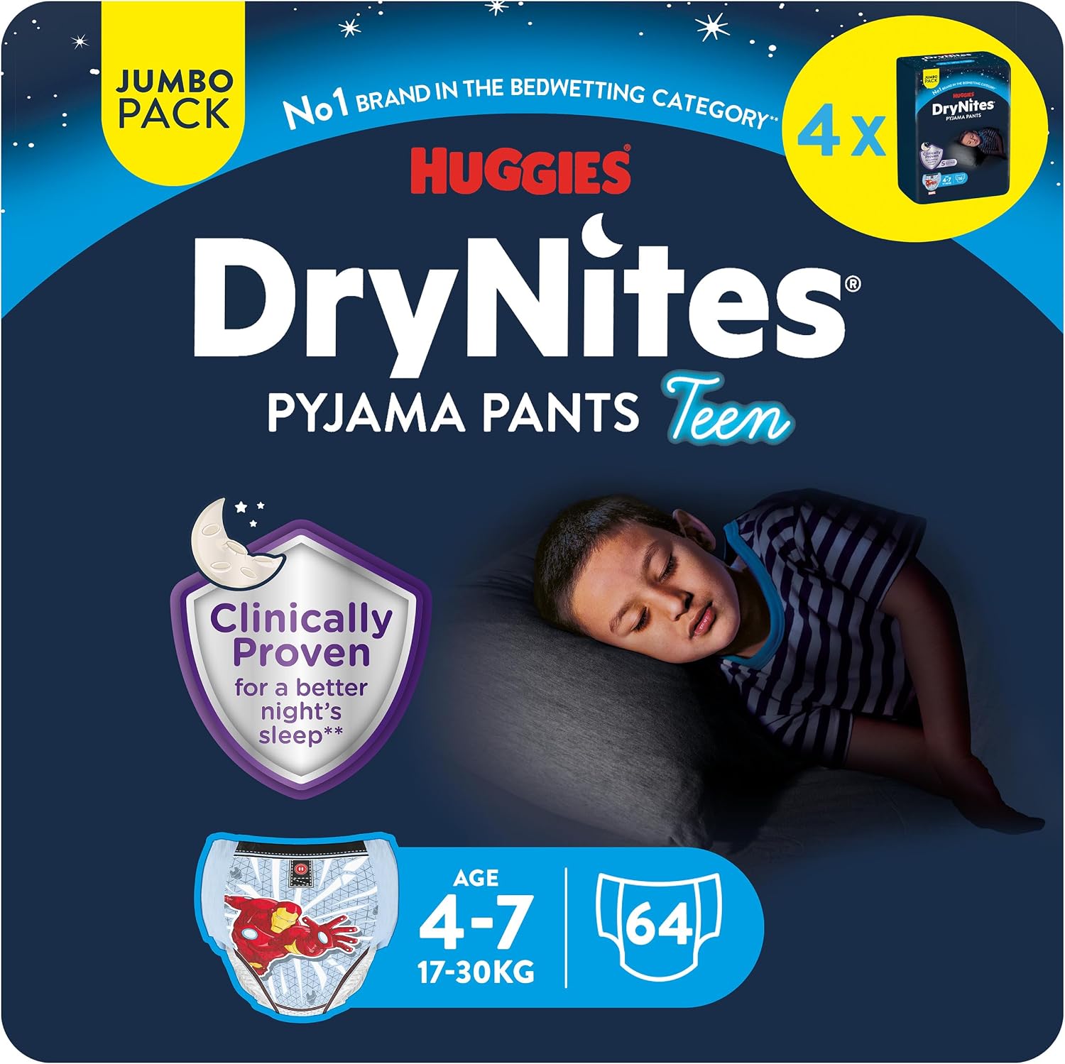 Huggies DryNites Pañales de Noche para Niño 4-7 (17-30 kg), Clínicamente Probado con 5 Capas de Máxima Protección Nocturna, 4 Packs de 16, Total 64 Calzoncillos Absorbentes