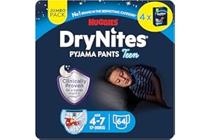 Huggies DryNites Pañales de Noche para Niño 4-7 (17-30 kg), Clínicamente Probado con 5 Capas de Máxima Protección Nocturna, 4 Packs de 16, Total 64 Calzoncillos Absorbentes