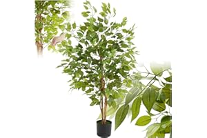 tectake® Albero di Ficus Artificiale, Foglie Realistiche, Vaso in Plastica, Decorazione per Soggiorno, Ufficio e Interni, Facile da Pulire, Arredamento - 120 cm