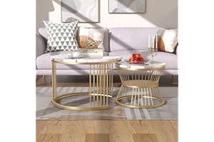 ModernLuxe Round Coffee Tables, Removable Set of 2 End Table with Gold Metal Frame Legs and Marble Pattern Top for Versatile Use in Living Room, Bedroom, Office, Balcony, Apartment-White