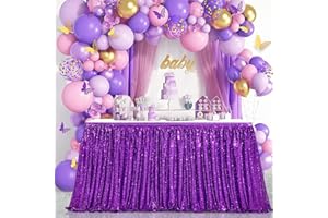 QUEENDREAM Purple Sequin Table Skirts for rectangle tables 6ft Sparkle Party Tablecloth Baby Shower Birthday Decorations