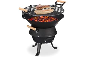 Relaxdays Cast Iron BBQ, Height Adjustable Cooking Grate, Air Vent, Wood Burning Barbecue, HWD 40x45x36 cm, Black