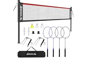 BAGAIL Filet de Badminton pour l'extérieur -Taille Officielle 20ft x 5ft, 4 Raquettes, 3 Balles de Badminton, Filet PE durable et Sac de Transport pour l'arrière-cour, la Plage et les Jeux en Famille.
