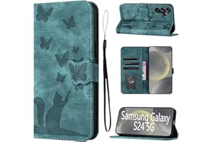 LSPCASA Phone Case For Samsung Galaxy S24 Premium PU Leather Material Samsung Galaxy S24 Case With Card Slots Cat Butterfly Pattern Samsung Galaxy S24 Cover Green