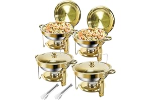 WENMILY Rund Chafing Dish Buffet Set 5L[Robust und hochwertig],4pcs Edelstahl Warmhaltebehälter [Elegante Gold und Silberfarben] Speisenwärmer für Catering Buffet und Party(Rollrand-Design)