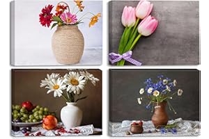 PIY PAINTING Quadro su Tela, Tulipano Rosa Fiori Immagine, Fiori Stampe da Parete, Stampe e Quadri su Tela con Telaio per Casa, Camera da Decorazione, Regalo di San Valentino, 30x40cm, 4 Pezzi