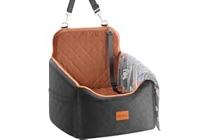 HiPetpy Hunde Autositz –Autositz mit Decke & dickem Kissen für kleine Hunde bis 14 kg/30 lb, Erhöhtes Design mit Sicherheitsleine, rutschfestes Hundebett fürs Auto mit Aufbewahrungstaschen (Braun)