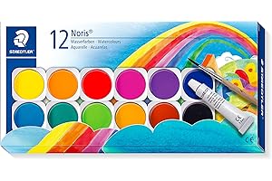 STAEDTLER Farbkasten Noris Club, leicht mischbare Wasserfarben, hohe Farbbrillanz, hervorragende Deckkraft, Set aus 12 auswechselbaren Farbtöpfchen, 1 Tube Deckweiß und 1 Pinsel, 888 NC12